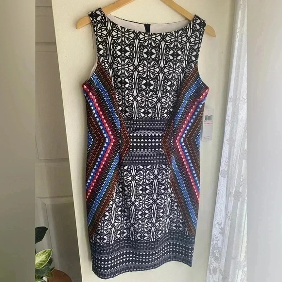 London Times Sheath Dress Women’s Size 10 Multicolor Sleeveless Shift Aztec - Picture 1 of 6